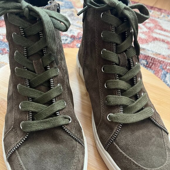 Frye Olive Green Leather Suede Hi Top Sneaker Boots Lace Zip Sindy Moto Sz 8.5 - Picture 2 of 6